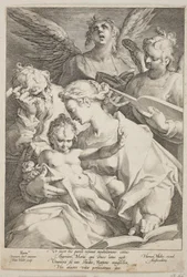 La Sacra Famiglia assistita dagli angeli
