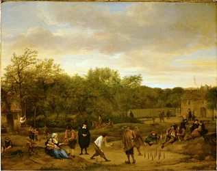 Contadini che giocano a birilli, 1650 circa (olio su legno di quercia)