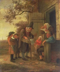 Un venditore ambulante che vende occhiali fuori da un cottage, c.1650-53