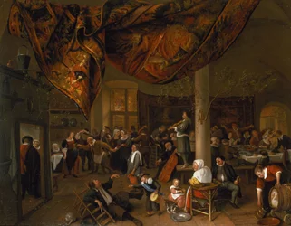 Banchetto nuziale di villaggio con festaioli e gruppo danzante, 1671