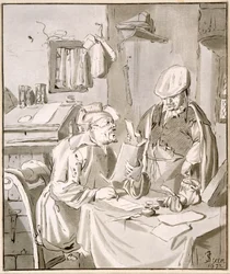 Due uomini che discutono di denaro in un ufficio, 1672, copiato da Cornelis Ploos van Amstel (1726-98) o Christian Josi (c.1765-1828)
