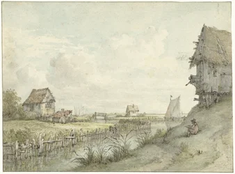 Paesaggio fluviale con disegnatore che schizza tra le capanne