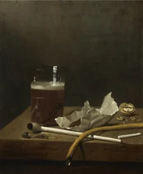 Natura morta con un bicchiere di birra, una pipa, tabacco e altri requisiti per fumare, 1658