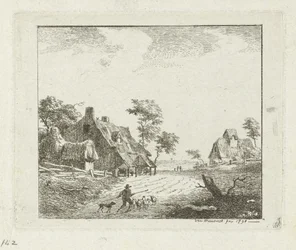 Paesaggio con pastore e pecore vicino a due fattorie