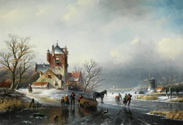 Jan Jacob Spohler Paesaggio invernale con mulino a vento e pattinatori sul ghiaccio