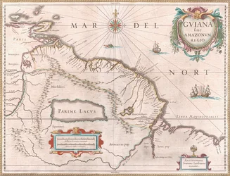 Mappa creata circa 1649 che raffigura la regione della Guiana. Territorio rivendicato dalla Spagna in rosso a ovest, Guiana olandese evidenziata in giallo e territorio portoghese in rosso a sud-est. È visibile anche il mitico Lago Parime