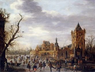 Vista del Castello Batestein Vianen, in inverno con un gentiluomo, sua moglie e il seguito che guardano gli sport invernali sul ghiaccio