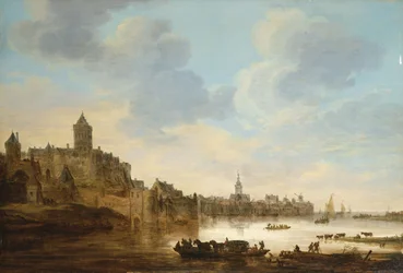 Una città sulle rive di un fiume, con un traghetto, 1648