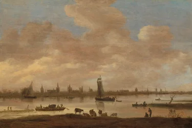 Vista di una città immaginaria attraverso un fiume