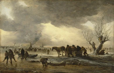 Scena invernale con una slitta in primo piano e figure che si radunano intorno a una tenda sul ghiaccio