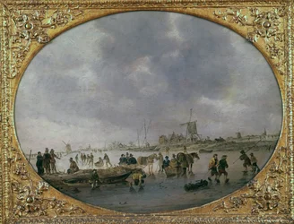 Scena invernale con figure su un lago ghiacciato (olio su tavola)