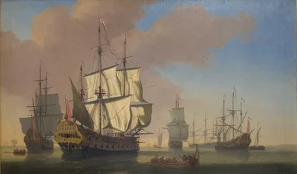 Navi da guerra inglesi in una rada con tempo calmo