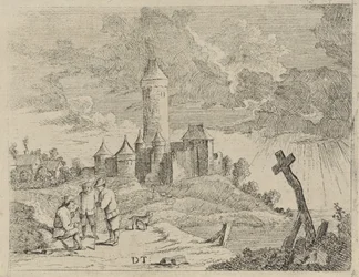 Paesaggio con castello e tre uomini