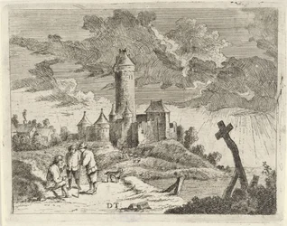 Paesaggio con castello e tre uomini
