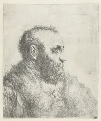 Busto di un vecchio con cappotto di pelliccia