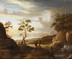 Paesaggio con un artista che dipinge una cascata, 1640