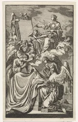 Figura allegorica femminile scrive un pannello tra le nuvole