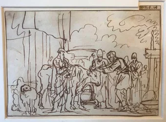 Il toro viene presentato per il sacrificio espiatorio, Aronne e i suoi figli pongono le mani sulla sua testa (Lev. 8,14)