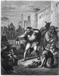 Esopo e Cristo: lo scrittore greco Esopo (VI secolo a.C.), con una lanterna in mano, attraversa una passeggiata tra personaggi con teste di animali in cerca di 