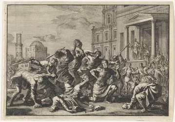 Erode fa lapidare il suo barbiere Tryfon, Tyro e suo figlio per sospetto di tradimento