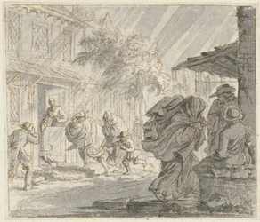 Veduta di strada con vento forte e pioggia