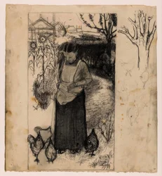 Annie Mankes-Zernike che nutre i polli, a destra: studi di un albero e di polli