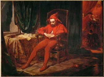 Il buffone di corte Stanczyk riceve la notizia della perdita di Smolensk, durante un ballo alla corte della regina Bona (dipinto su tela)