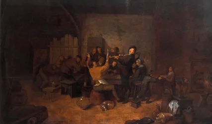 Contadini in una locanda. Una compagnia olandese allegra che beve e canta in una taverna. Dipinto di Jan Miense Molenaer