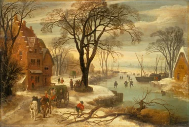 Paesaggio invernale con cittadini sul ghiaccio
