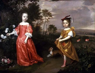 Due bambini e un cane in un paesaggio