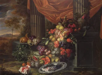 Natura morta di frutta in un paesaggio