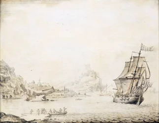 Una nave britannica al largo della costa di Satalia, circondata da una costa rocciosa, con antiche mura cittadine e minareti
