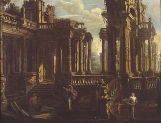 Capriccio di rovine classiche con un guerriero, un satiro e Cupido che inseguono una ninfa