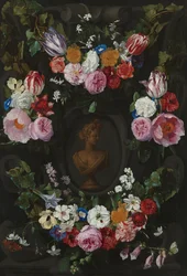 Cartiglio decorato con volute e fiori a spruzzo