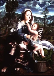 Madonna e bambino seduti in un ampio paesaggio
