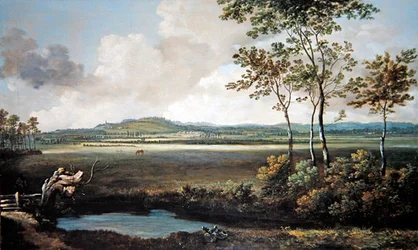 Paesaggio esteso con un ruscello e cavalli al pascolo