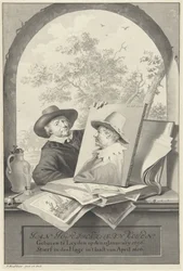 Uomo con una cartella di disegni e un ritratto di Jan van Goyen
