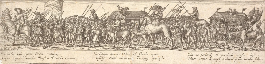 Truppe di soldati con carro bagagli e la Morte a cavallo