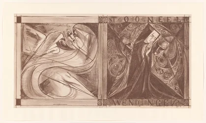 Copertina per Wendingen con una suora con fiori e due spiriti, uno dei quali con una maschera in mano