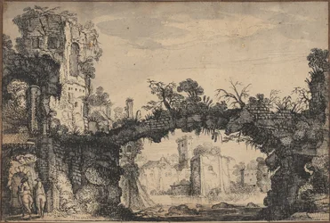Paesaggio con rovine (recto); Testa di donna e animali (verso)