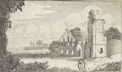 Paesaggio con una chiesa in rovina e due pastori in conversazione