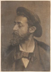 Ritratto di un uomo con barba e cappello, verso sinistra