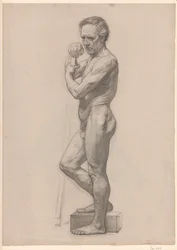 Nudo maschile in piedi, con bastone, verso sinistra