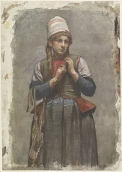 Ragazza in piedi in costume tradizionale con pattini