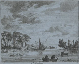 Attività su un fiume (Landschappen van de omgeving van Haarlem, Gesigten buijten Haarlem, Gedaan door. J.V.V.)