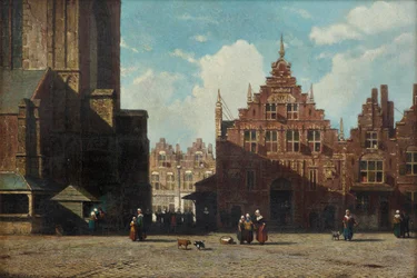 Vista illuminata dal sole del Grote Markt con la chiesa di San Bavo e il Vleeshal, Haarlem