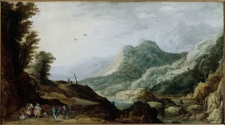 Paesaggio montano con una famiglia di contadini sul ciglio della strada