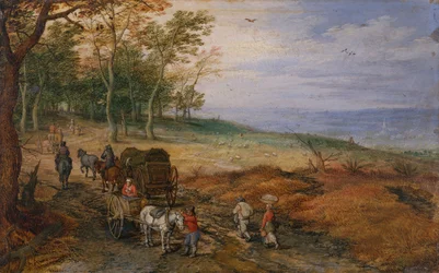 Paesaggio boscoso con viaggiatori