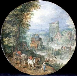Un ampio paesaggio boscoso con città, mulino e contadini