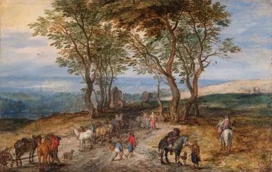 Scena di strada di campagna con figure: un uomo che prega a un santuario, c.1610